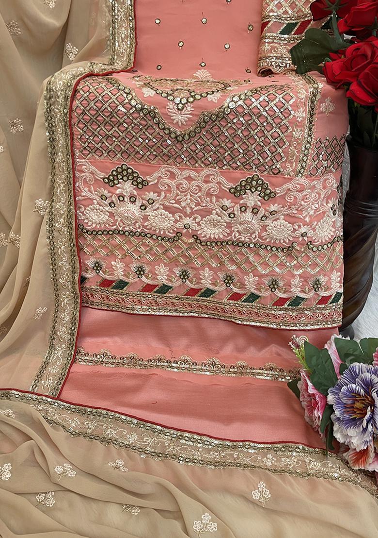 Peach Embroidered Georgette Pakistani Salwar Kameez