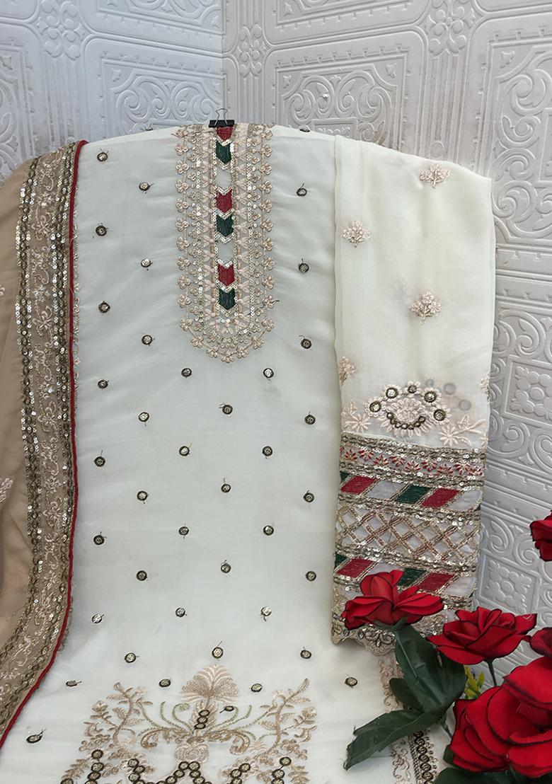 Off White Embroidered Georgette Pakistani Salwar Kameez