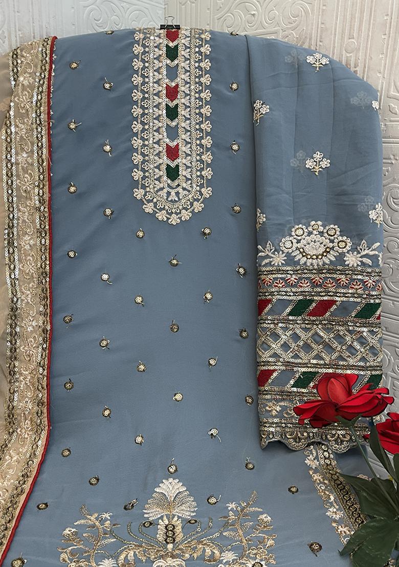 Slate Grey Embroidered Georgette Pakistani Salwar Kameez
