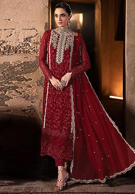 Maroon Embroidered Georgette Pakistani Salwar Kameez