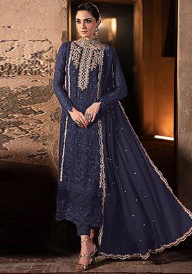 Navy Blue Embroidered Georgette Pakistani Salwar Kameez