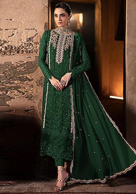 Dark Green Embroidered Georgette Pakistani Salwar Kameez