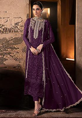 Dark Purple Embroidered Georgette Pakistani Salwar Kameez