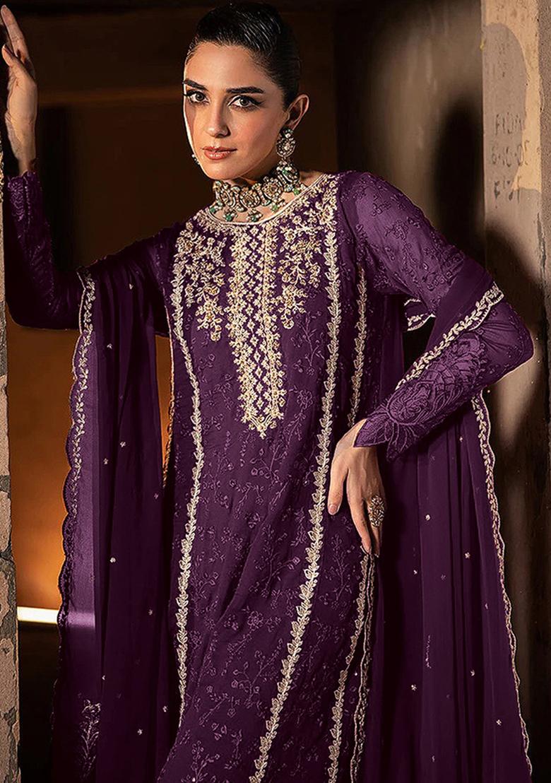 Dark Purple Embroidered Georgette Pakistani Salwar Kameez