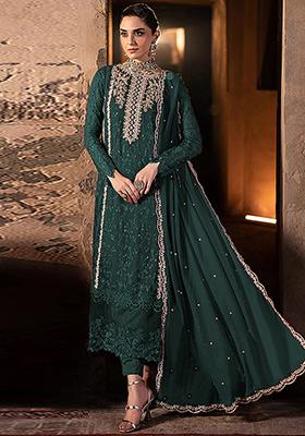 Dark Teal Embroidered Georgette Pakistani Salwar Kameez