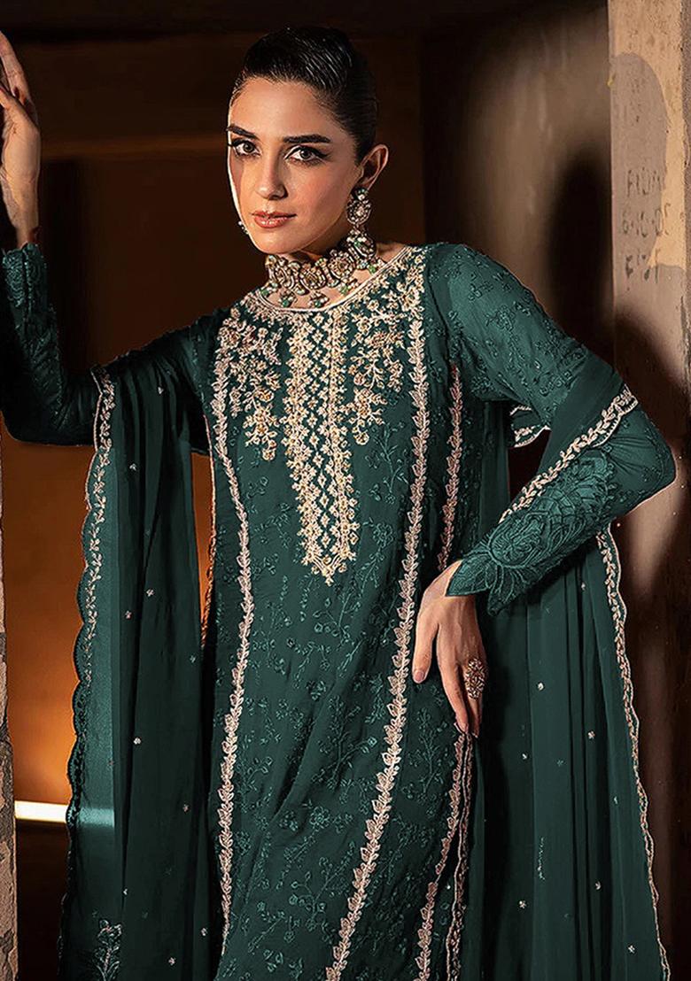 Dark Teal Embroidered Georgette Pakistani Salwar Kameez
