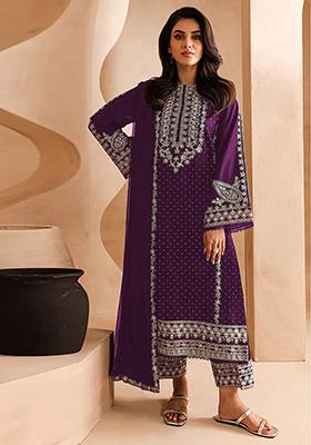 Wine Embroidered Georgette Pakistani Salwar Kameez With Dupatta