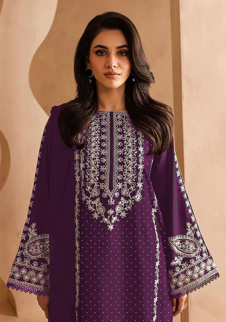 Wine Embroidered Georgette Pakistani Salwar Kameez