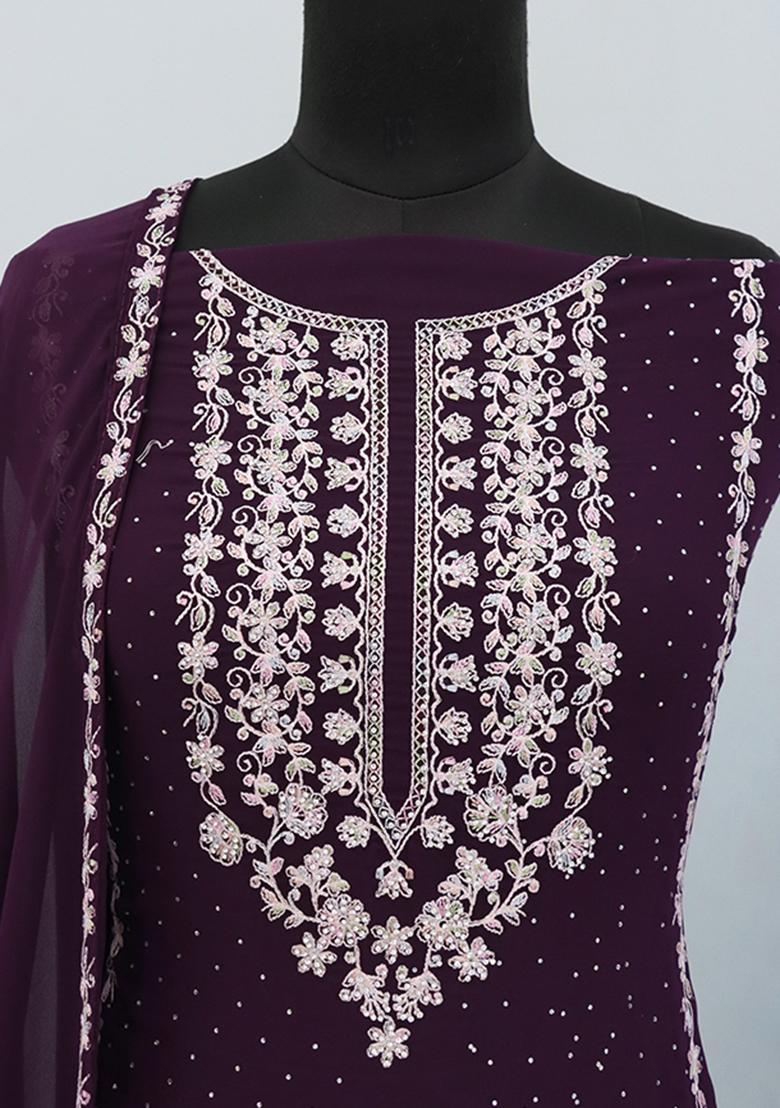Wine Embroidered Georgette Pakistani Salwar Kameez