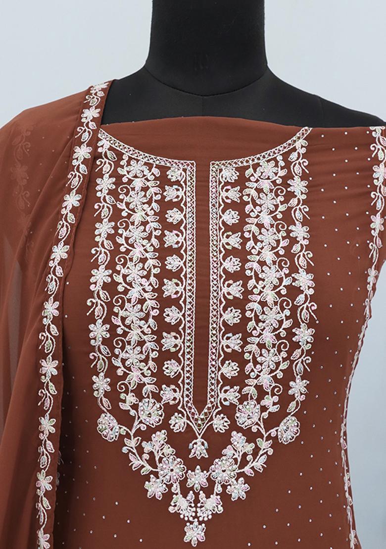 Brown Embroidered Georgette Pakistani Salwar Kameez
