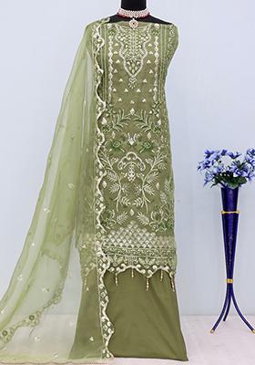 Light Olive Green Embroidered Organza Pakistani Salwar Kameez With Dupatta