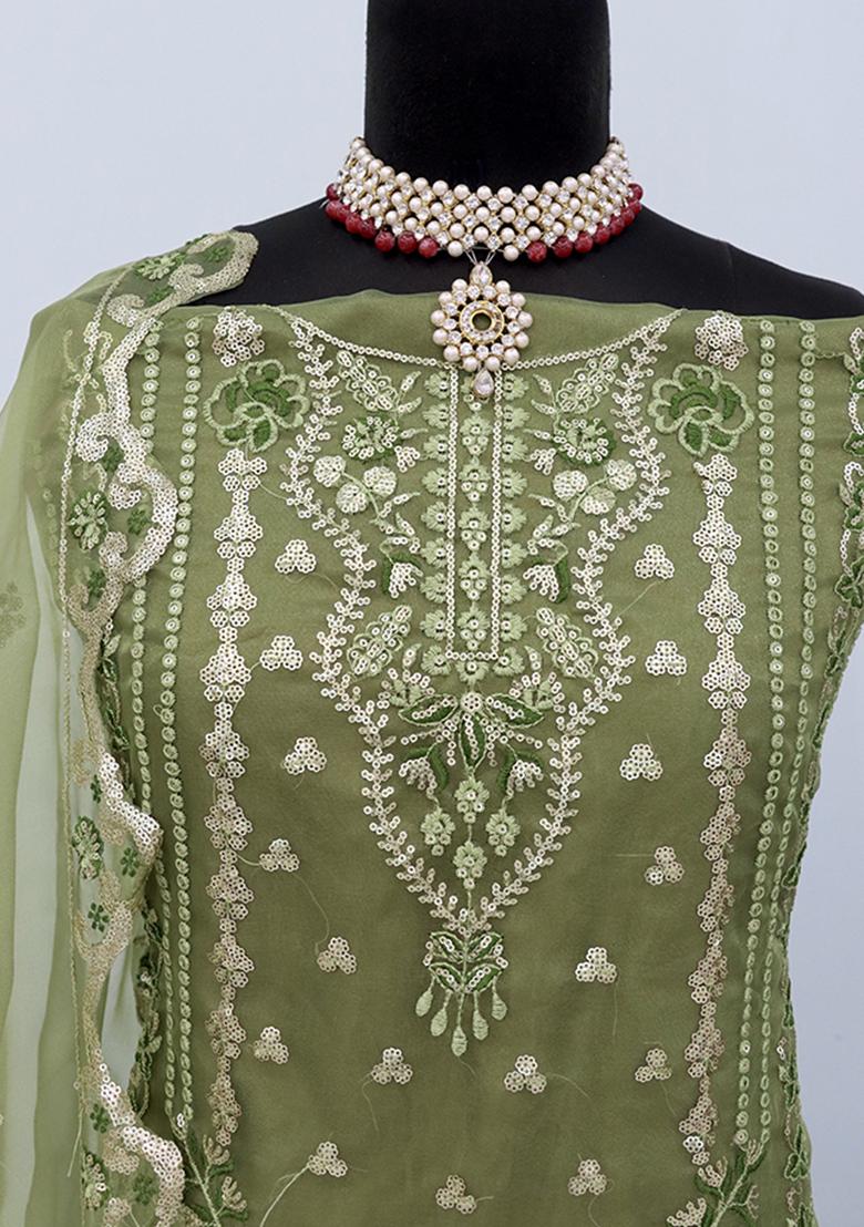 Light Olive Green Embroidered Organza Pakistani Salwar Kameez