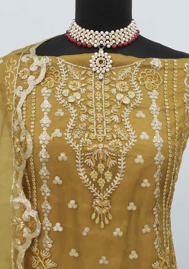 Mustard Yellow Embroidered Organza Pakistani Salwar Kameez
