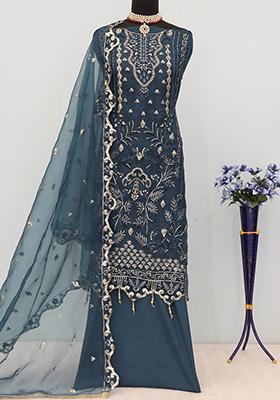 Teal Blue Embroidered Organza Pakistani Salwar Kameez