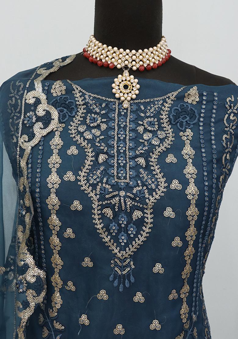 Teal Blue Embroidered Organza Pakistani Salwar Kameez