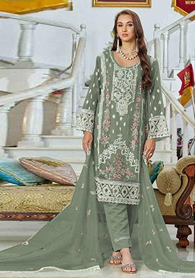 Olive Embroidered Georgette Pakistani Salwar Kameez