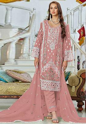 Peach Embroidered Georgette Pakistani Salwar Kameez