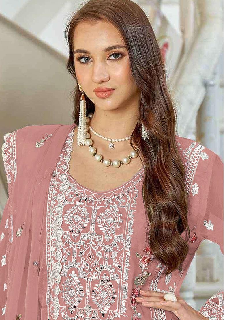 Peach Embroidered Georgette Pakistani Salwar Kameez