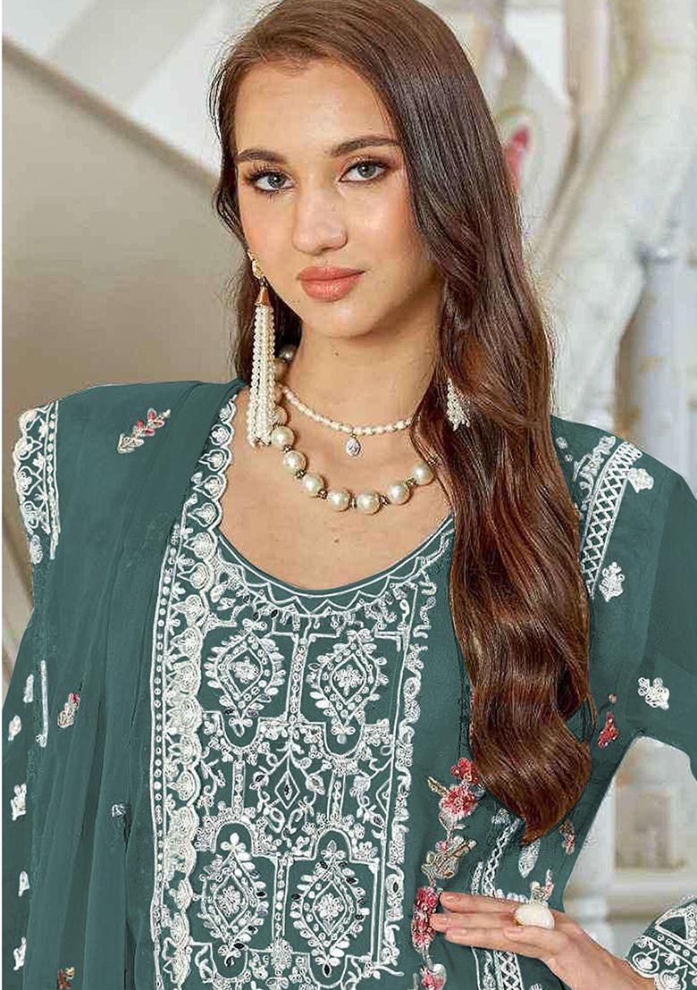 Teal Blue Embroidered Georgette Pakistani Salwar Kameez