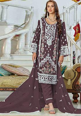 Wine Embroidered Georgette Pakistani Salwar Kameez With Dupatta