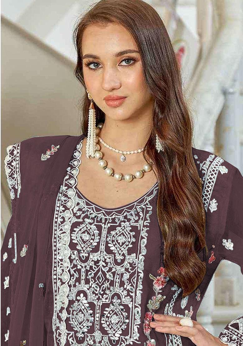 Wine Embroidered Georgette Pakistani Salwar Kameez
