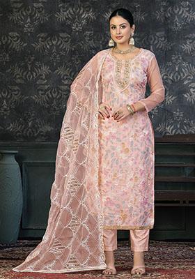 Peach Striped Chanderi Dress Material