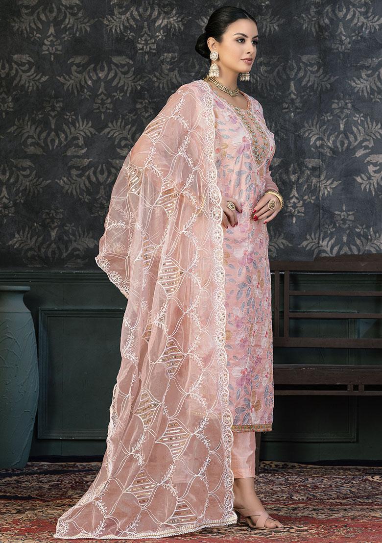 Peach Striped Chanderi Dress Material