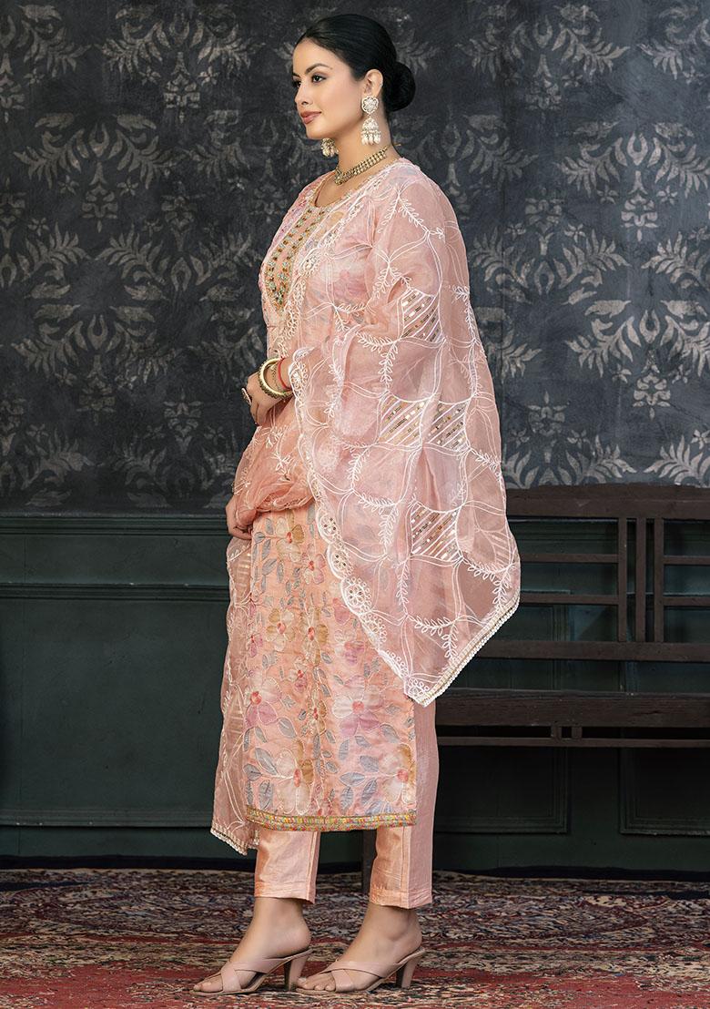 Peach Striped Chanderi Dress Material