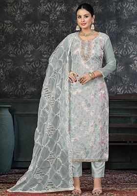 Sky Blue Striped Chanderi Dress Material