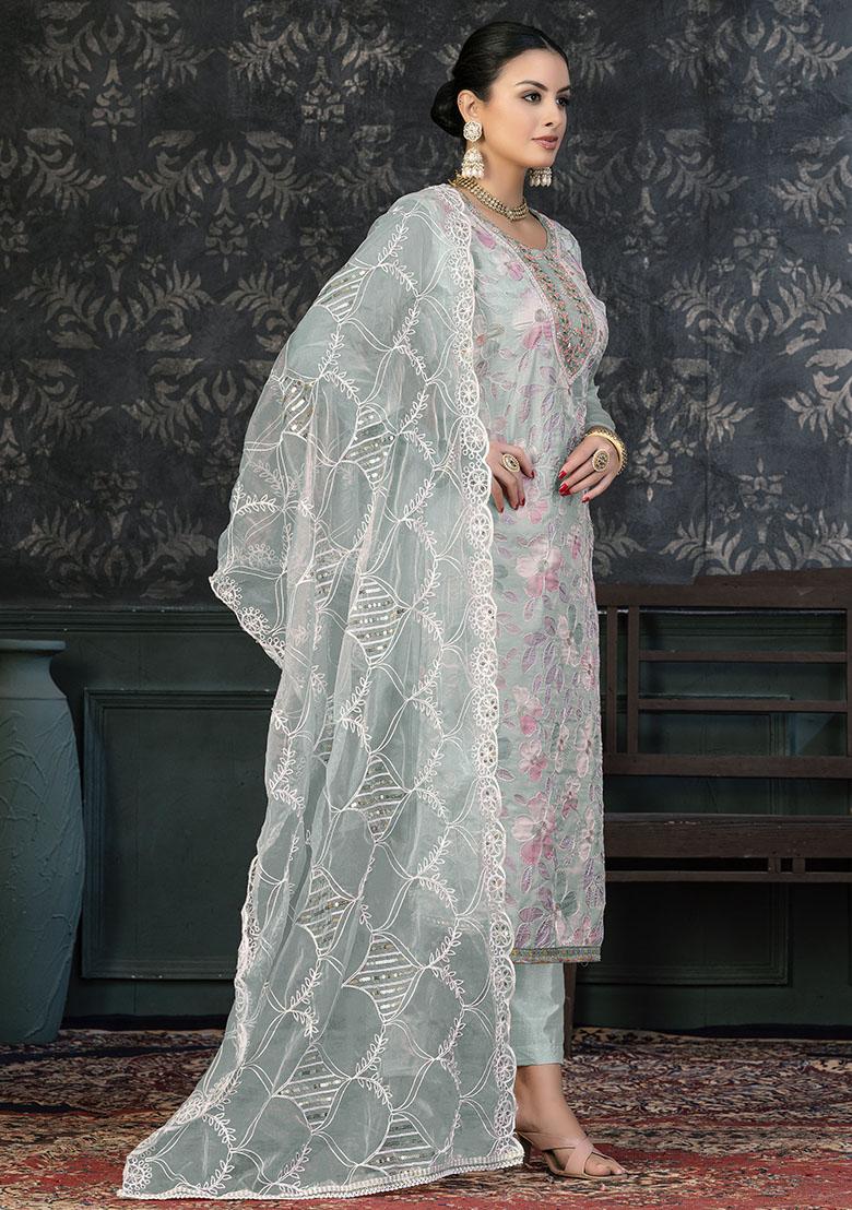 Sky Blue Striped Chanderi Dress Material