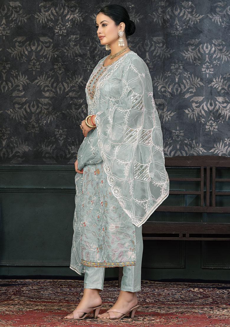 Sky Blue Striped Chanderi Dress Material