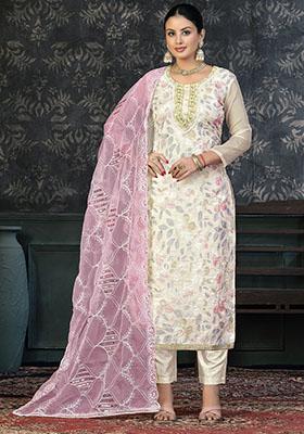 White Striped Chanderi Dress Material