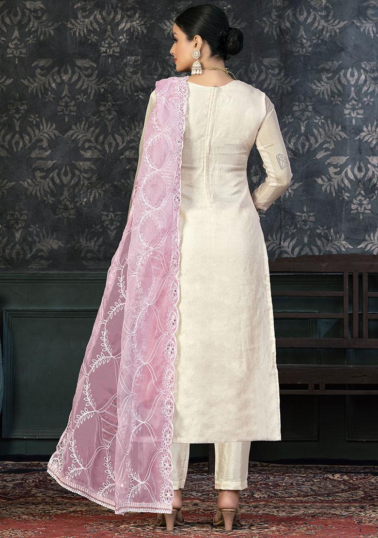 White Striped Chanderi Dress Material