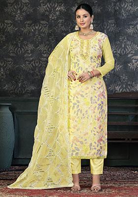 Yellow Striped Chanderi Dress Material