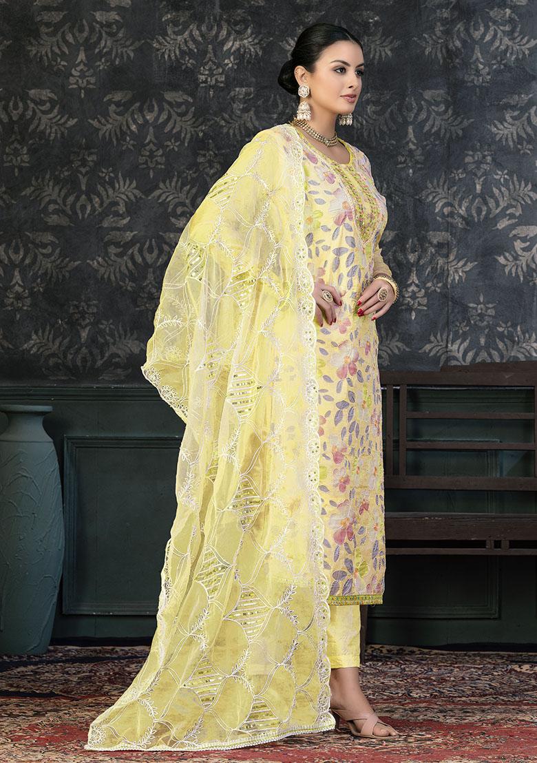 Yellow Striped Chanderi Dress Material