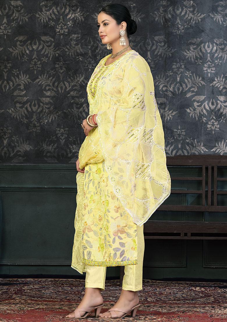 Yellow Striped Chanderi Dress Material