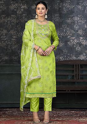 Lime Green Printed Modal Dress Material