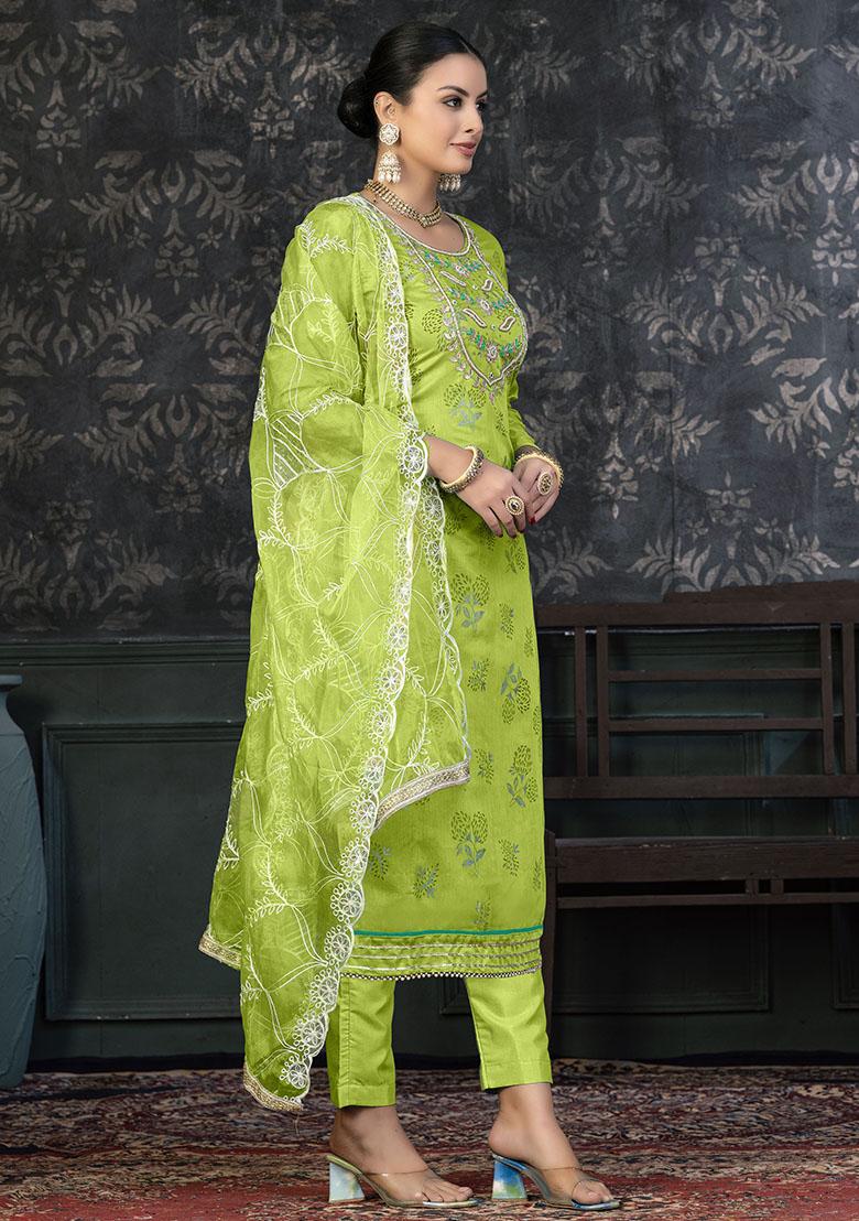 Lime Green Printed Modal Dress Material