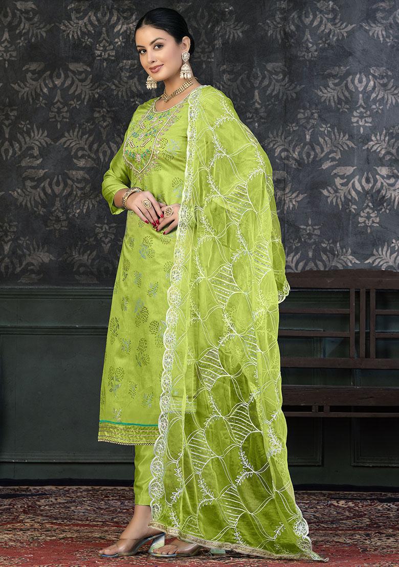 Lime Green Printed Modal Dress Material