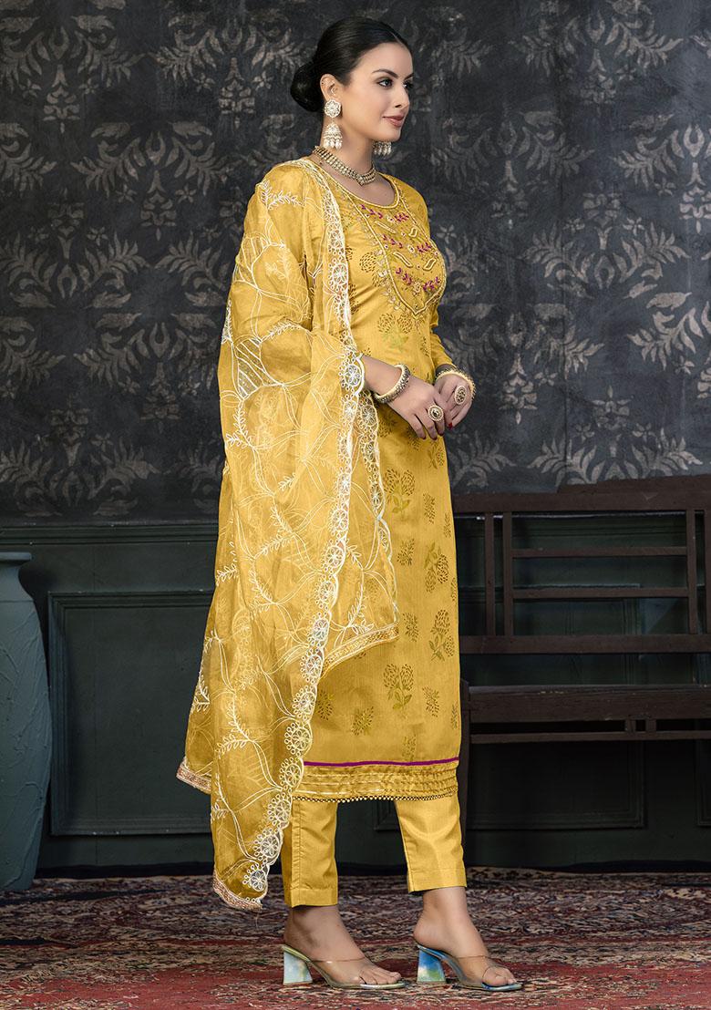Mustard Yellow Printed Modal Dress Material