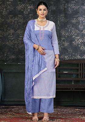 Sky Blue Striped Cotton Dress Material