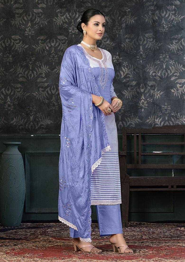 Sky Blue Striped Cotton Dress Material