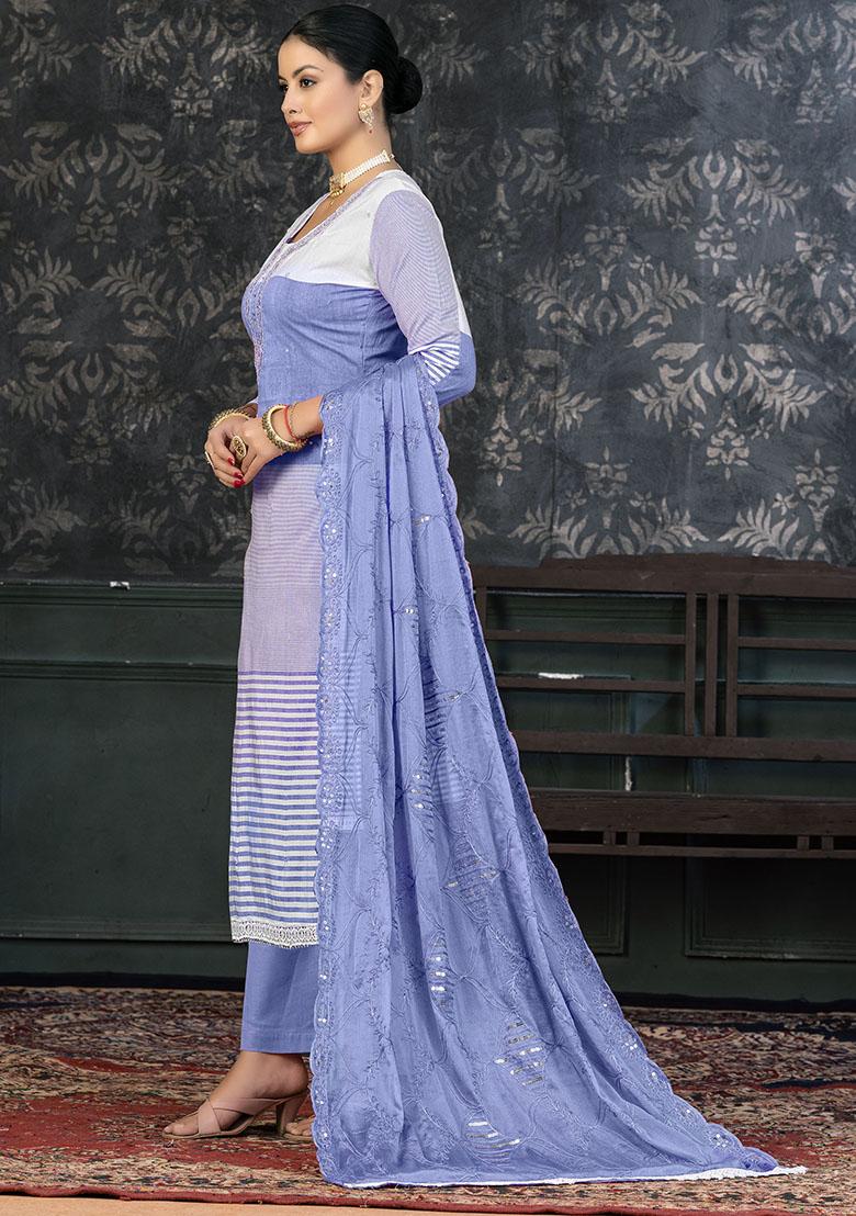 Sky Blue Striped Cotton Dress Material