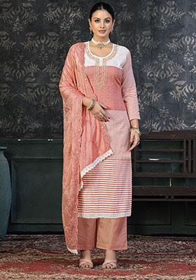 Peach Striped Cotton Dress Material