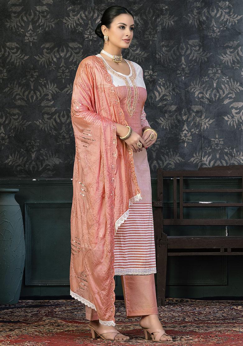 Peach Striped Cotton Dress Material