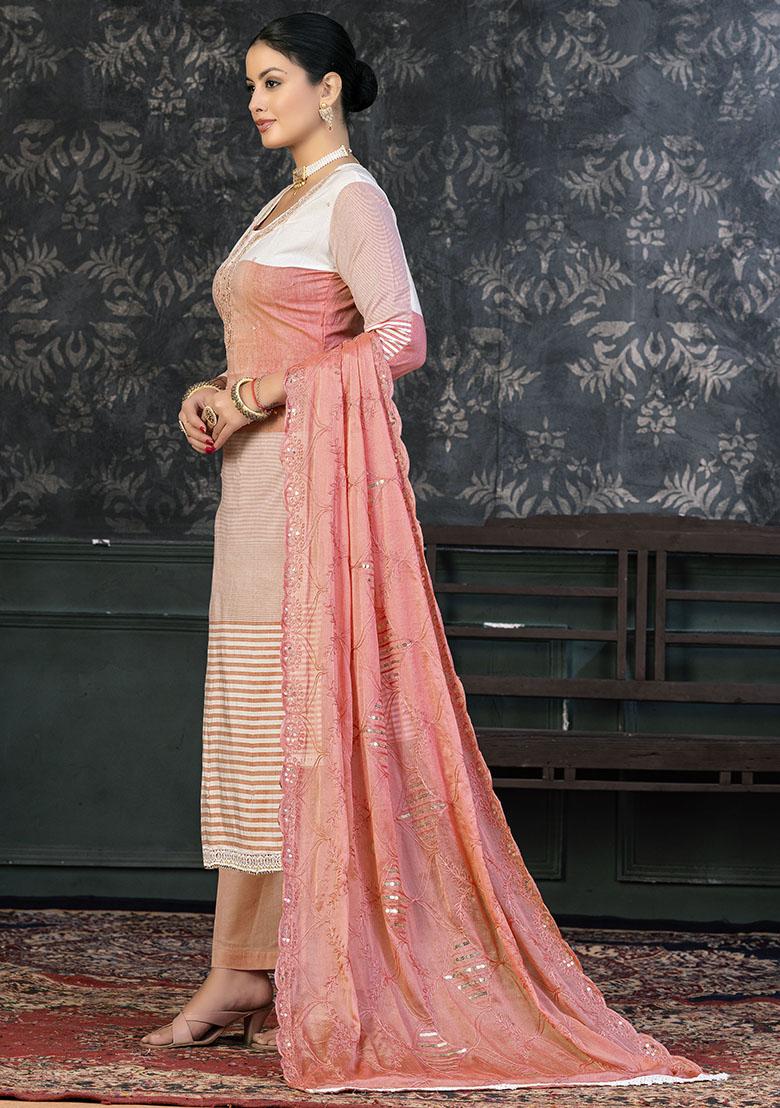 Peach Striped Cotton Dress Material