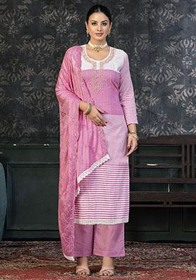 Pink Striped Cotton Dress Material