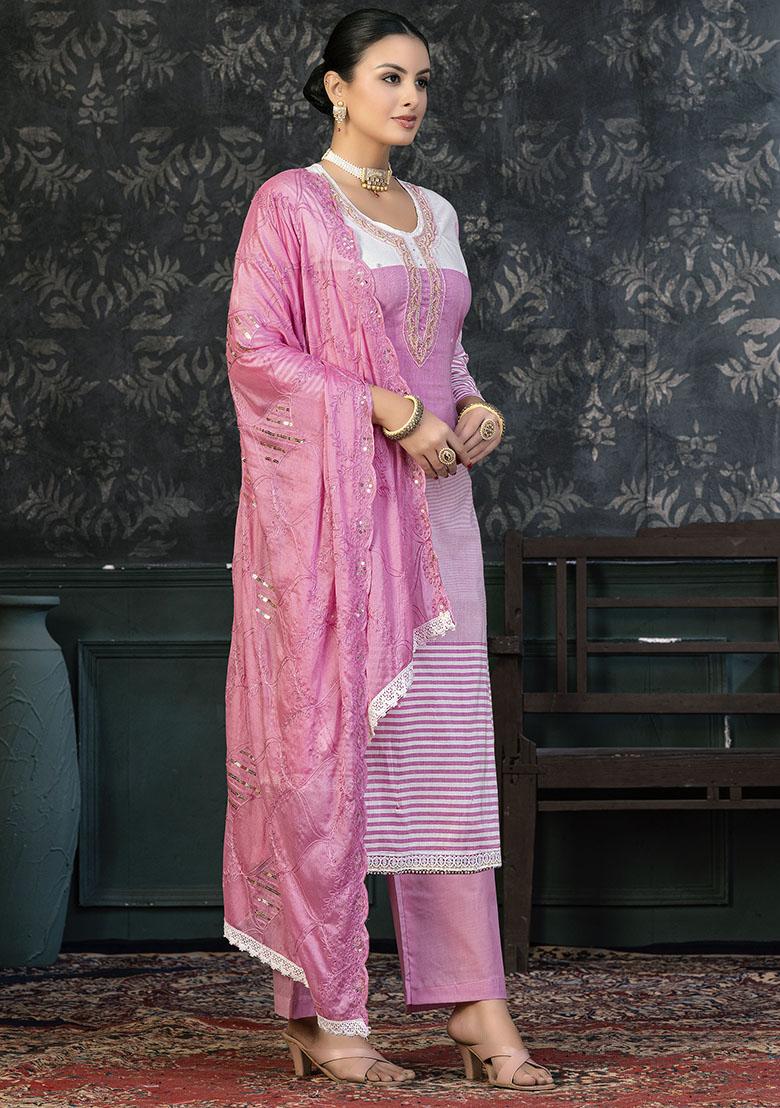 Pink Striped Cotton Dress Material