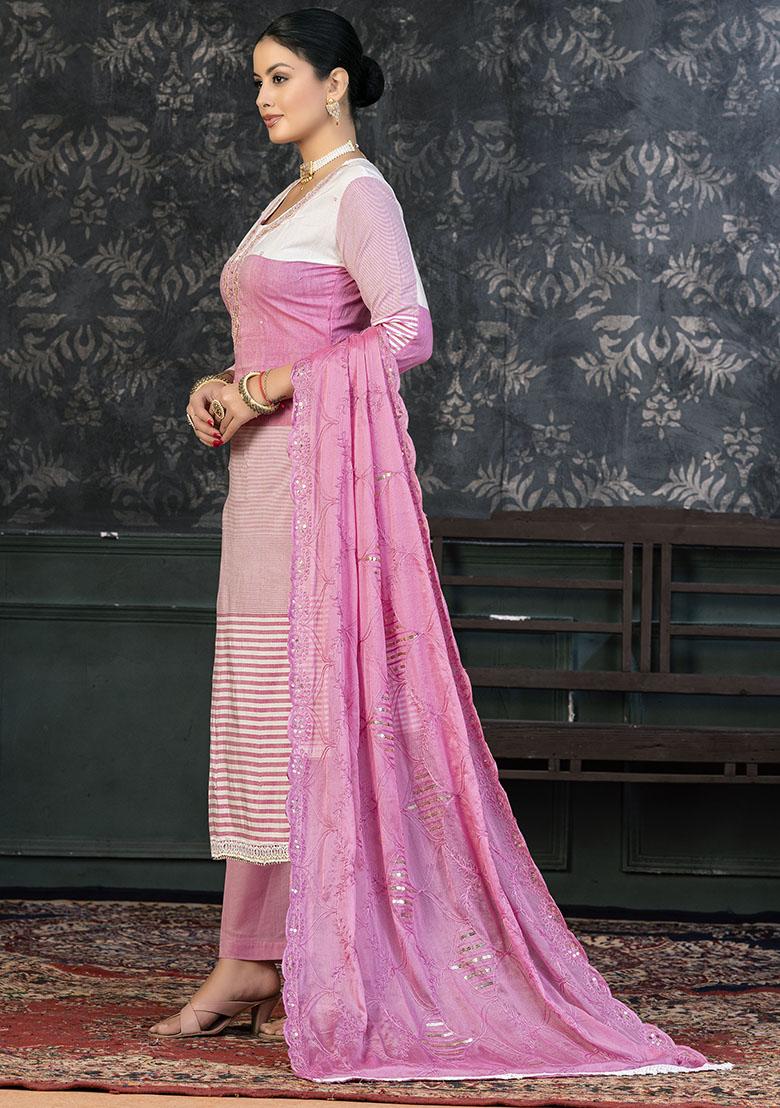 Pink Striped Cotton Dress Material