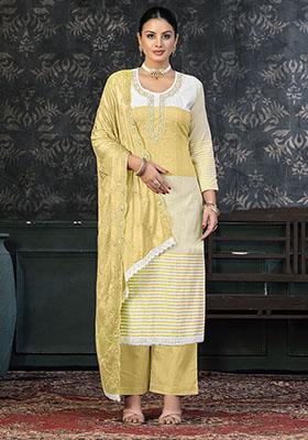 Yellow Striped Cotton Dress Material